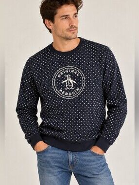 Original Penguin Men's Navy Star Print Logo Crewneck Sweatshirt L